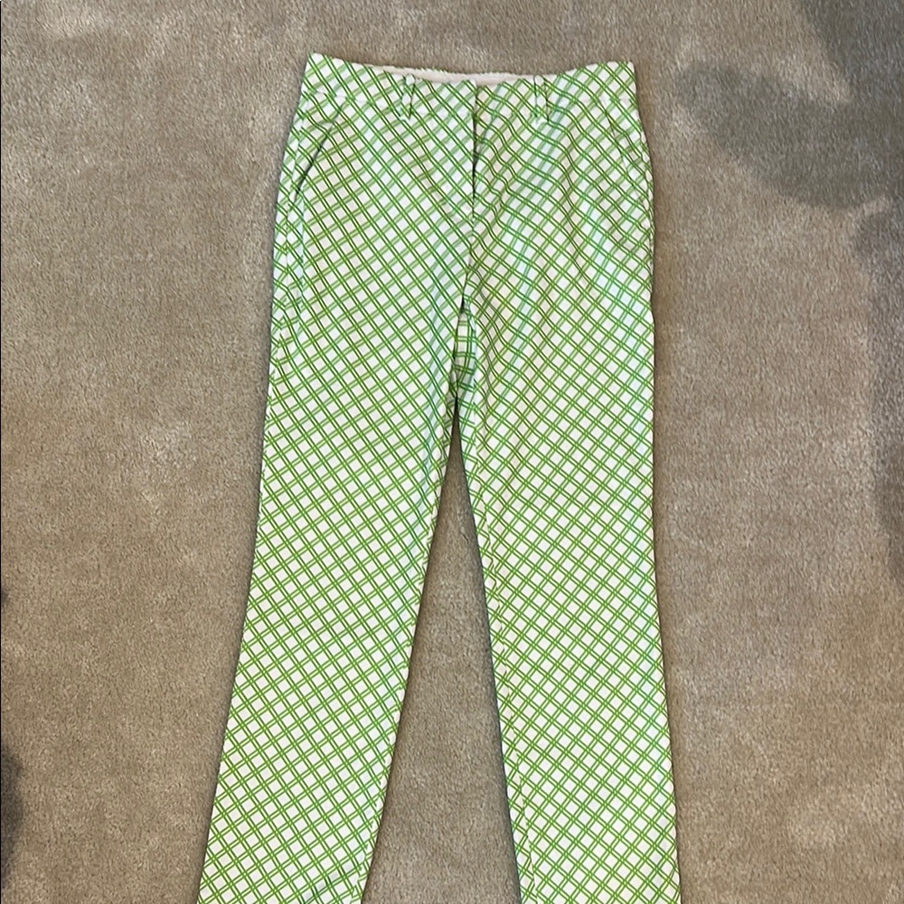 Tory Burch Green and White Checkered Chinos